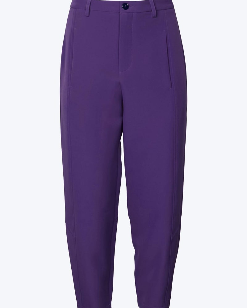 Front of a model wearing a size L Radish High-Rise Balloon Tapered Pants in Purple in Purple by studio m. | dia_product_style_image_id:346089